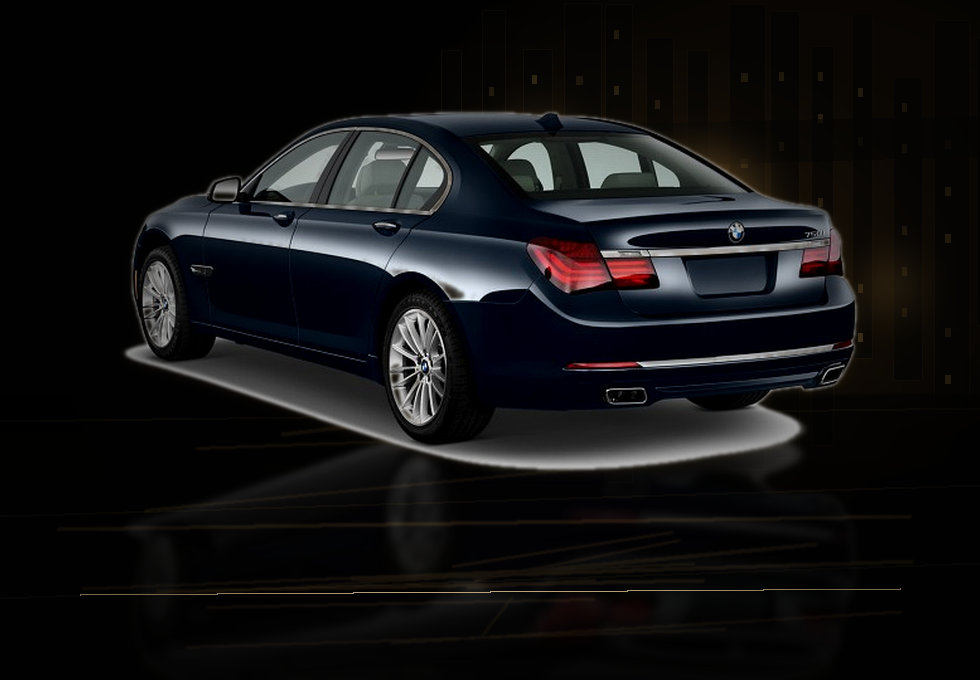 Rear three-quarter profile of a black BMW 7 Series sedan