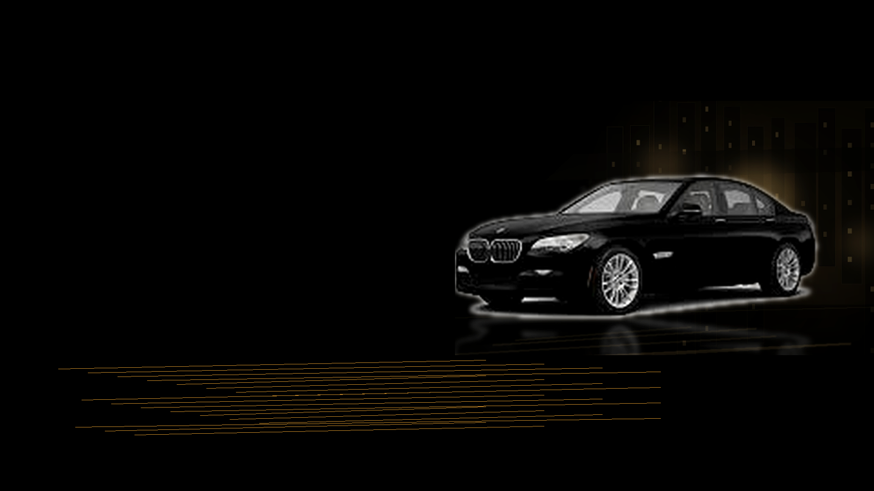 Classic black BMW 7 Series sedan in a gold-lit city setting